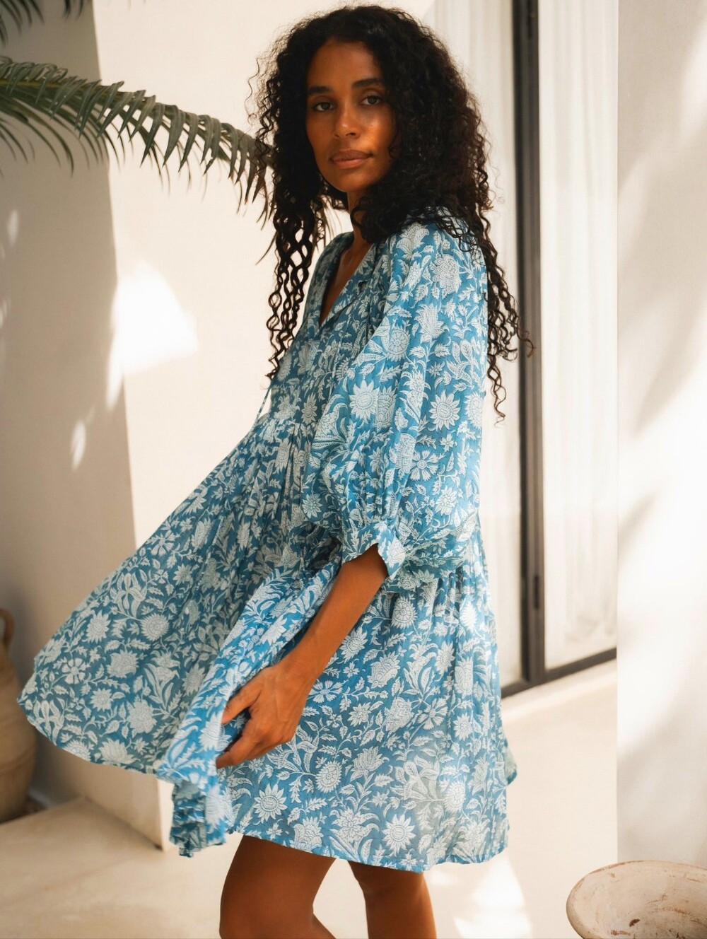 Daughters of India Kyra Cotton Mini Dress Sz Small Ocean Blue Boho Cottagecore